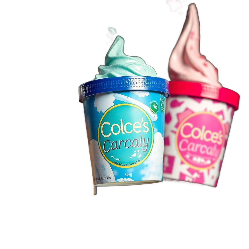 three pints of ice cream with colorful labels, floating in the air, high resolution