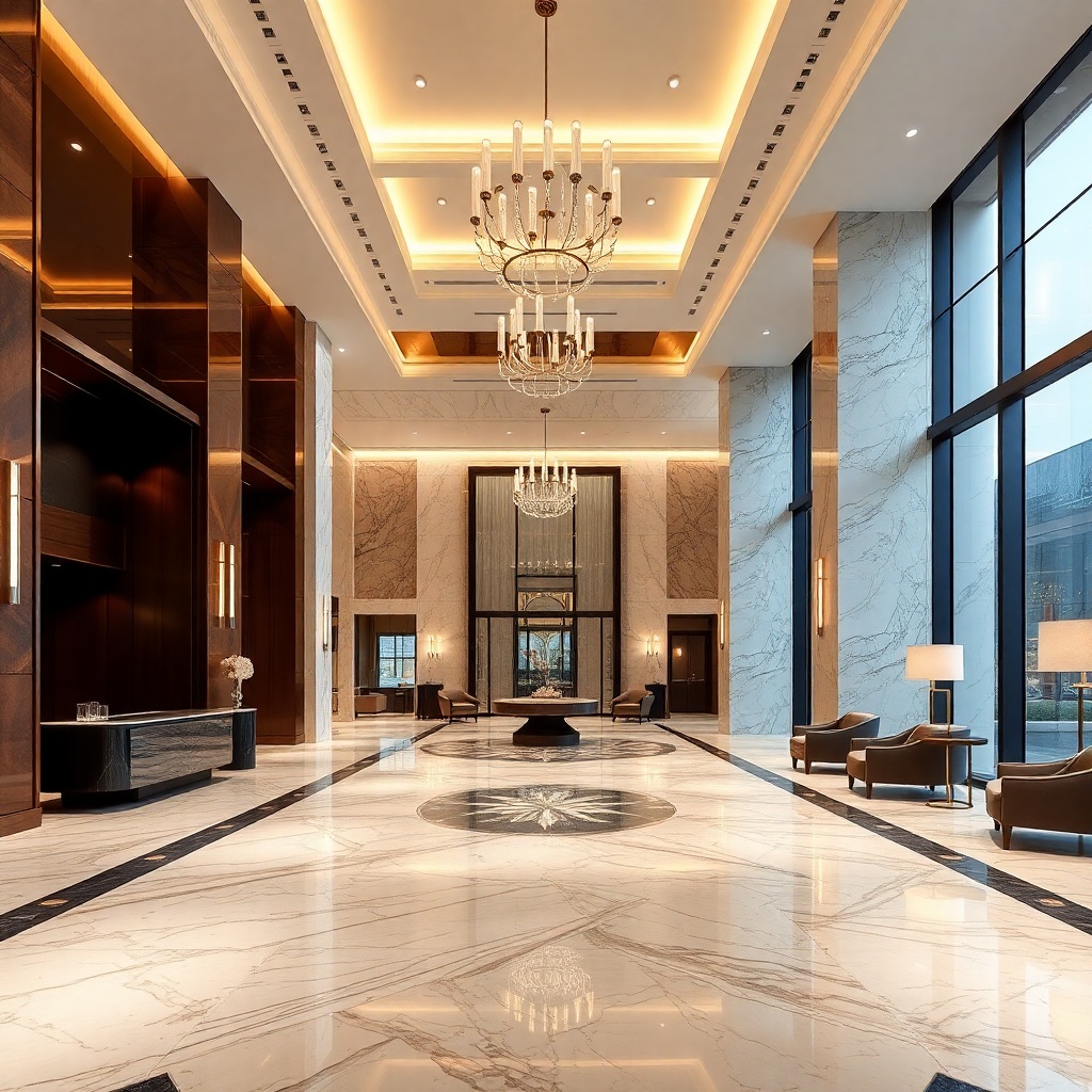 luxury hotel lobby with premium marble tiles, elegant interior design, architectural lighting