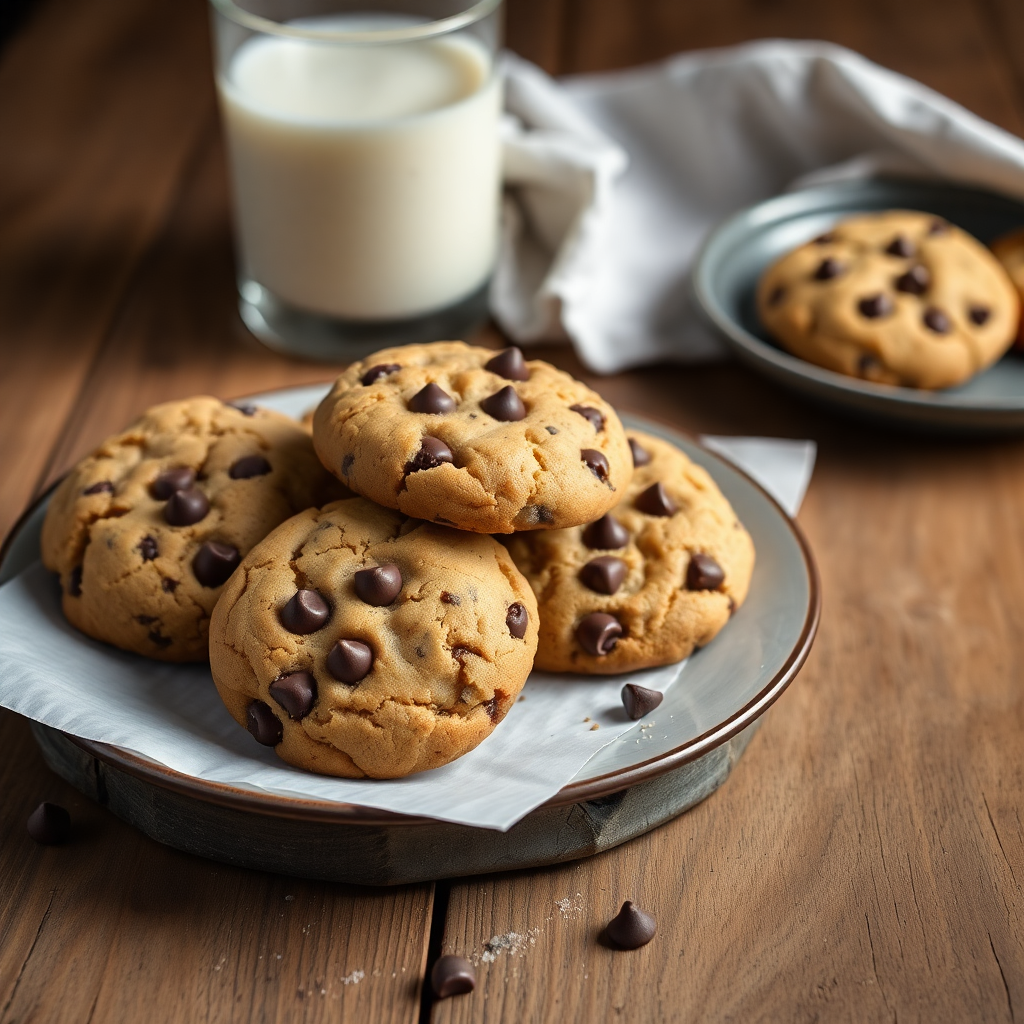 gourmet warm chocolate chip cookies on a rustic wooden table with crumbs and a glass of milk, soft morning lighting, high resolution photography