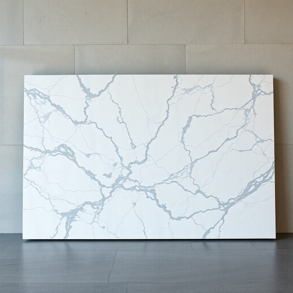 wide shot of large marble slab leaning against wall