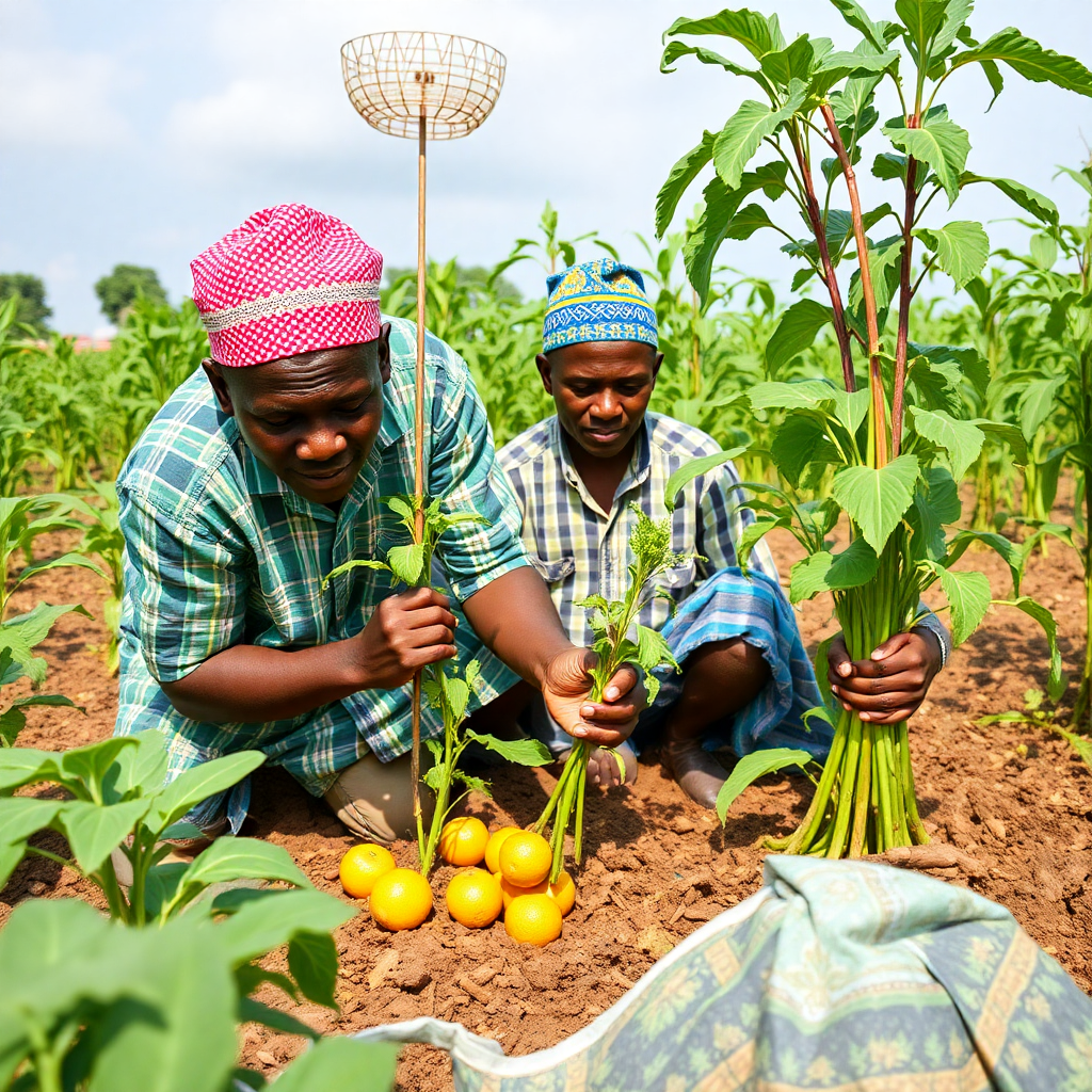 Nigerian farmers with improved crops, sustainable agriculture, green farming practices, success story