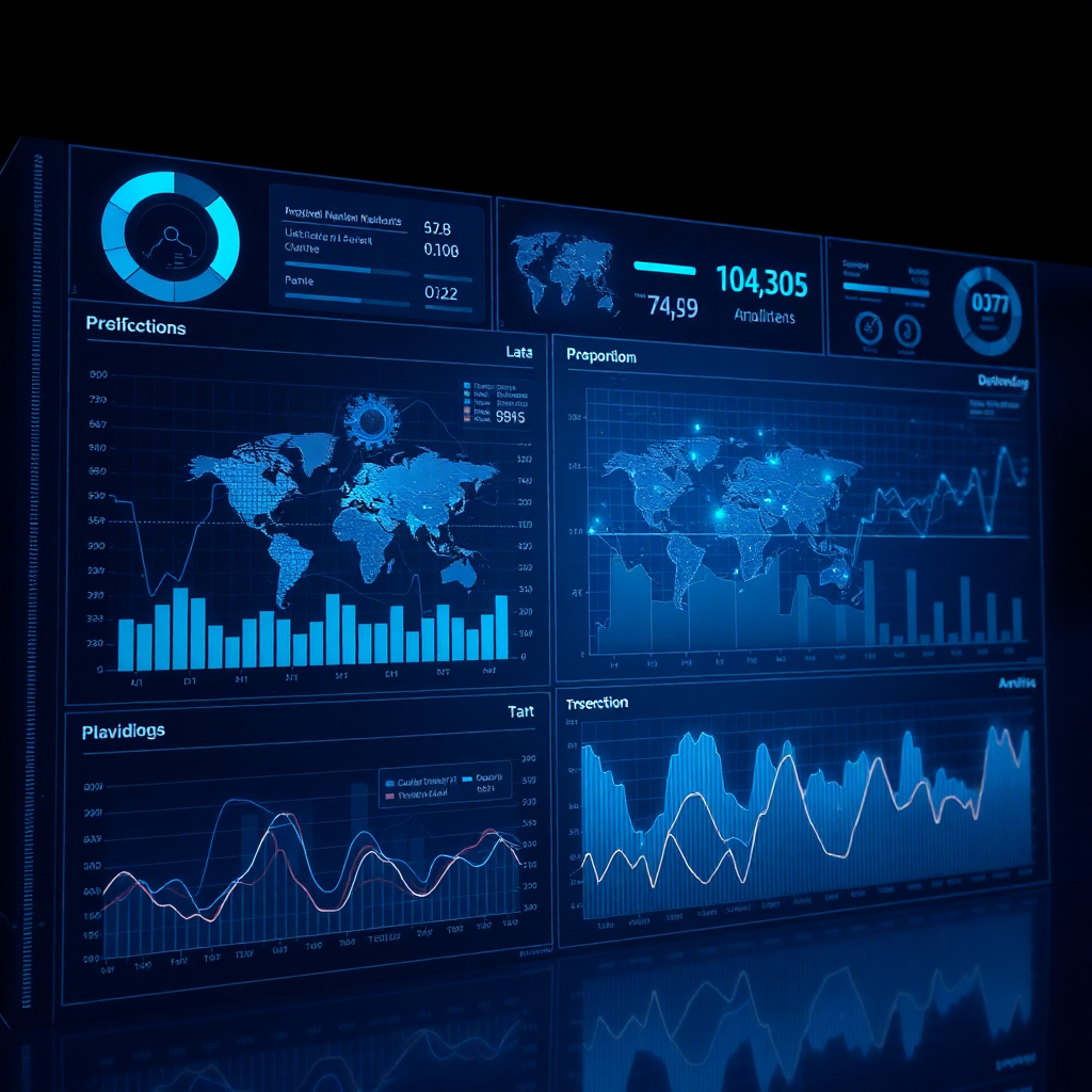 futuristic data visualization dashboard with AI neural networks and analytics charts in dark blue theme
