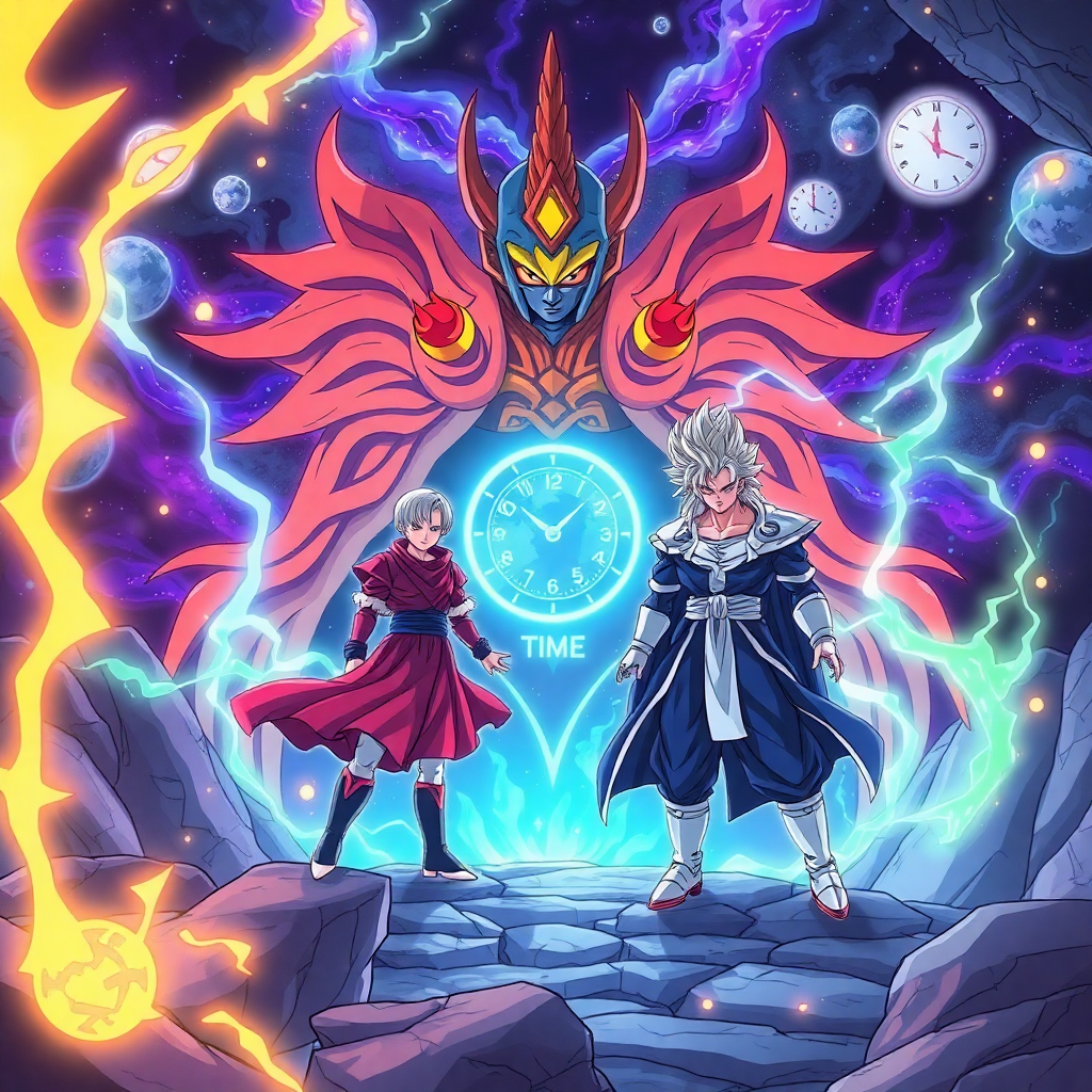 Time Patrol with Supreme Kai of Time and time rifts, mystical atmosphere, Dragon Ball anime style