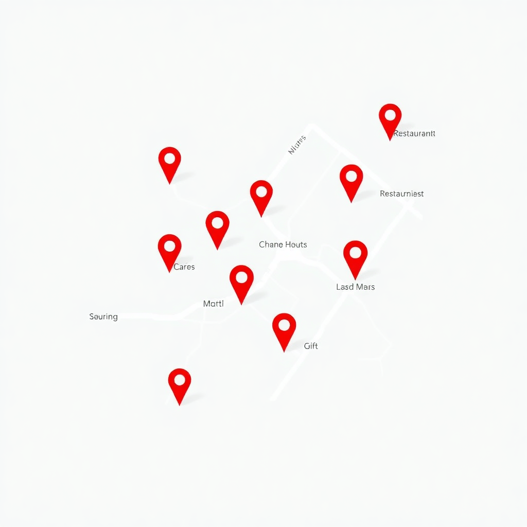 proximity map showing restaurants and cafes around a property with red markers and location pins, clean map interface
