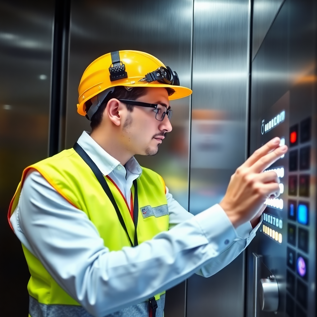 Professional elevator technician inspecting control panel of modern elevator, wearing safety gear, bright lighting