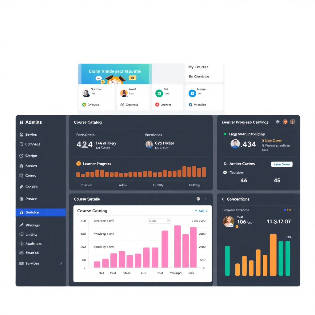 modern LMS dashboard interface showing admin panel with course catalog, learner progress analytics, role-based access controls, clean professional design