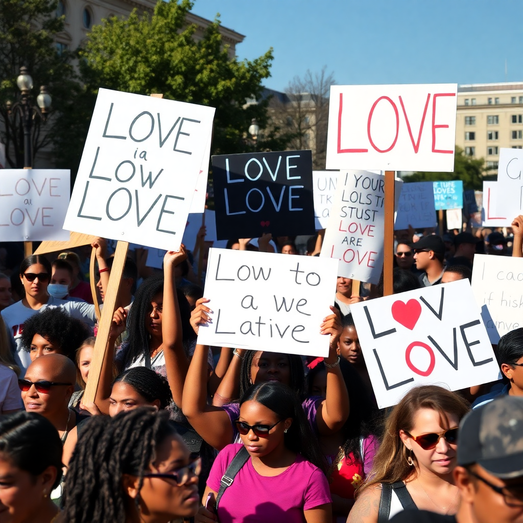 peaceful diverse crowd holding signs for unity and love, people sharing stories, community gathering, realistic photography