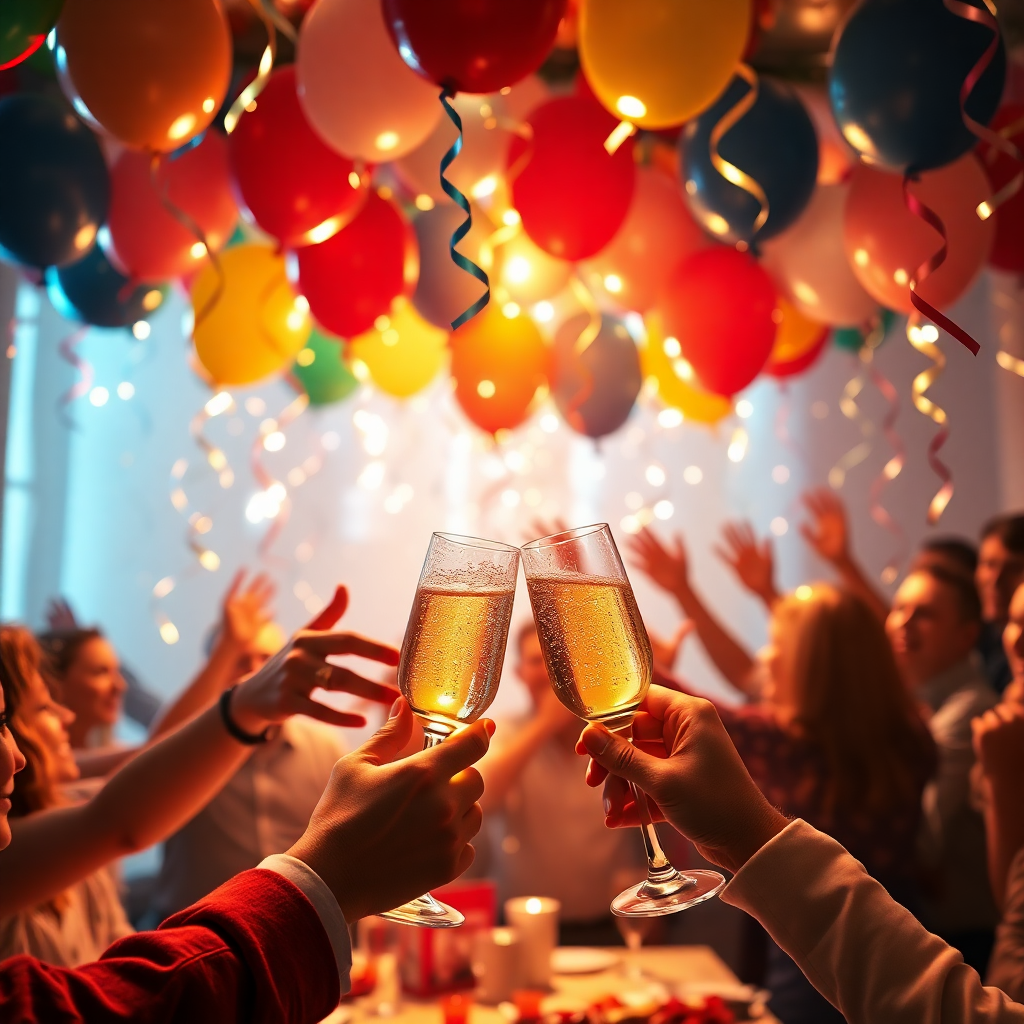 Dynamic scene of a party with balloons, streamers, and champagne glasses toasting, energetic, photorealistic
