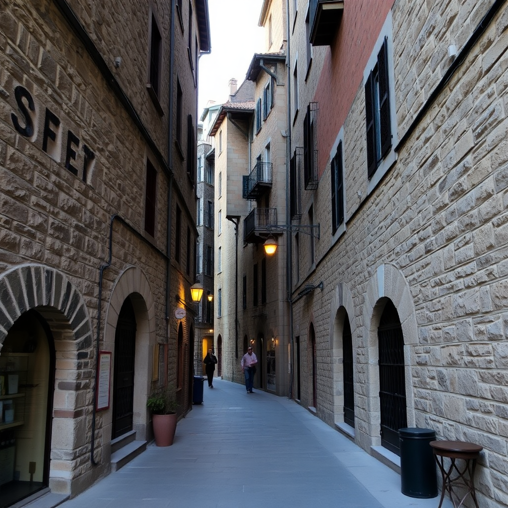 Barri Antic old quarter Andorra la Vella historic stone architecture narrow streets warm light editorial photography
