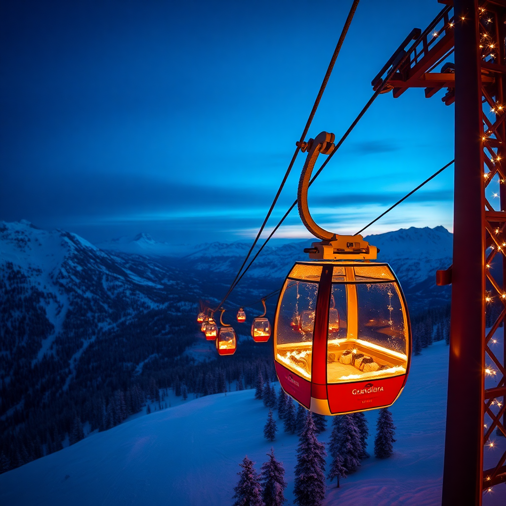 Grandvalira ski lift gondola Andorra mountain panoramic view snow blue sky winter luxury editorial photography champagne gold dark cinematic