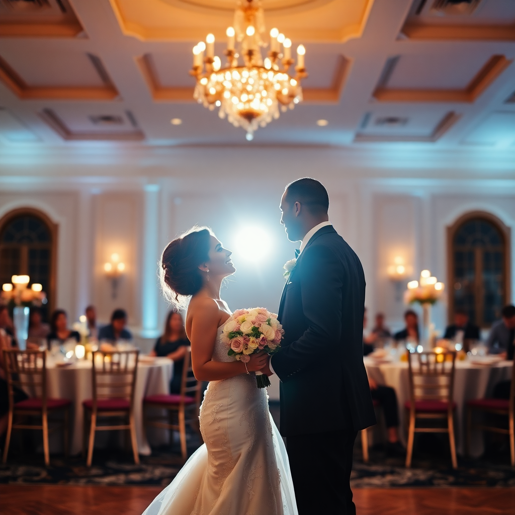 romantic wedding couple ballroom reception elegant indoor photography