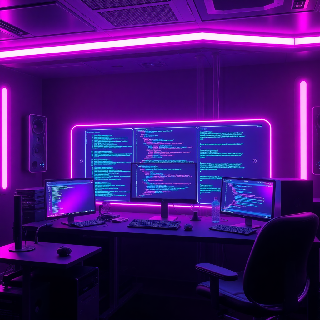 futuristic 3D software development workspace with holographic screens, floating code, neon purple and pink lighting, cyberpunk aesthetic, space theme