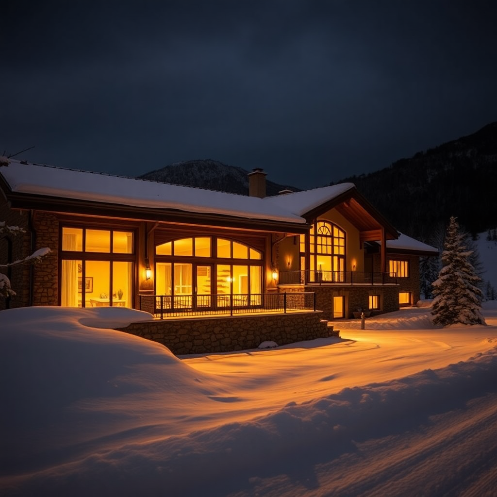 Hermitage Mountain Residences Soldeu Andorra night exterior luxury alpine private residence warm lit windows snow mountain dark cinematic editorial photography champagne gold tones winter private