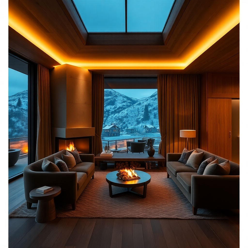 Hermitage Mountain Residences interior luxury alpine private living room warm fireplace Soldeu Andorra editorial photography dark cinematic champagne gold tones private family home mountain