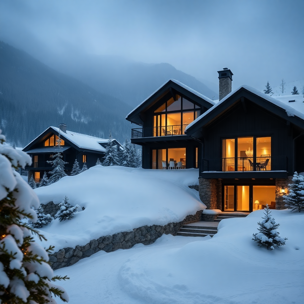 Hermitage Mountain Residences Andorra luxury alpine residence exterior ski-in ski-out Soldeu Grandvalira snow winter Pyrenees cinematic dark editorial photography champagne gold tones warm private mountain home