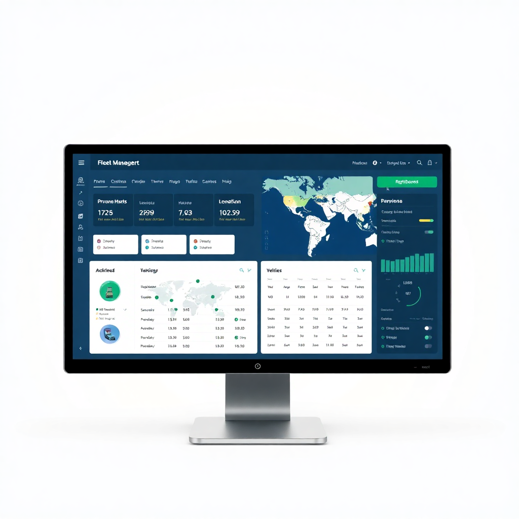 Modern fleet management dashboard interface on computer screen showing map with vehicle locations, clean UI design, professional