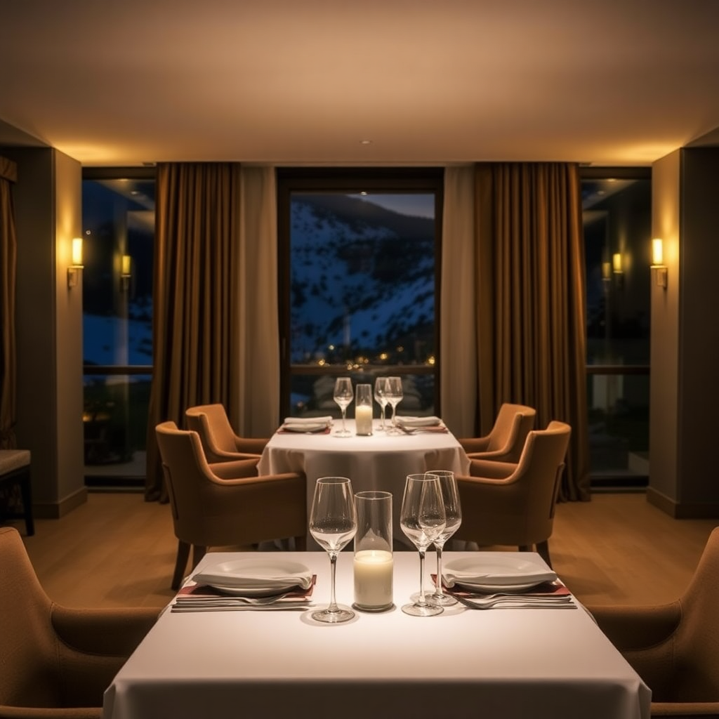 Grau Roig Boutique Hotel Spa restaurant dining room Andorra intimate luxury alpine mountain dining private evening warm candlelight editorial photography dark cinematic champagne gold tones private dinner mountain hotel