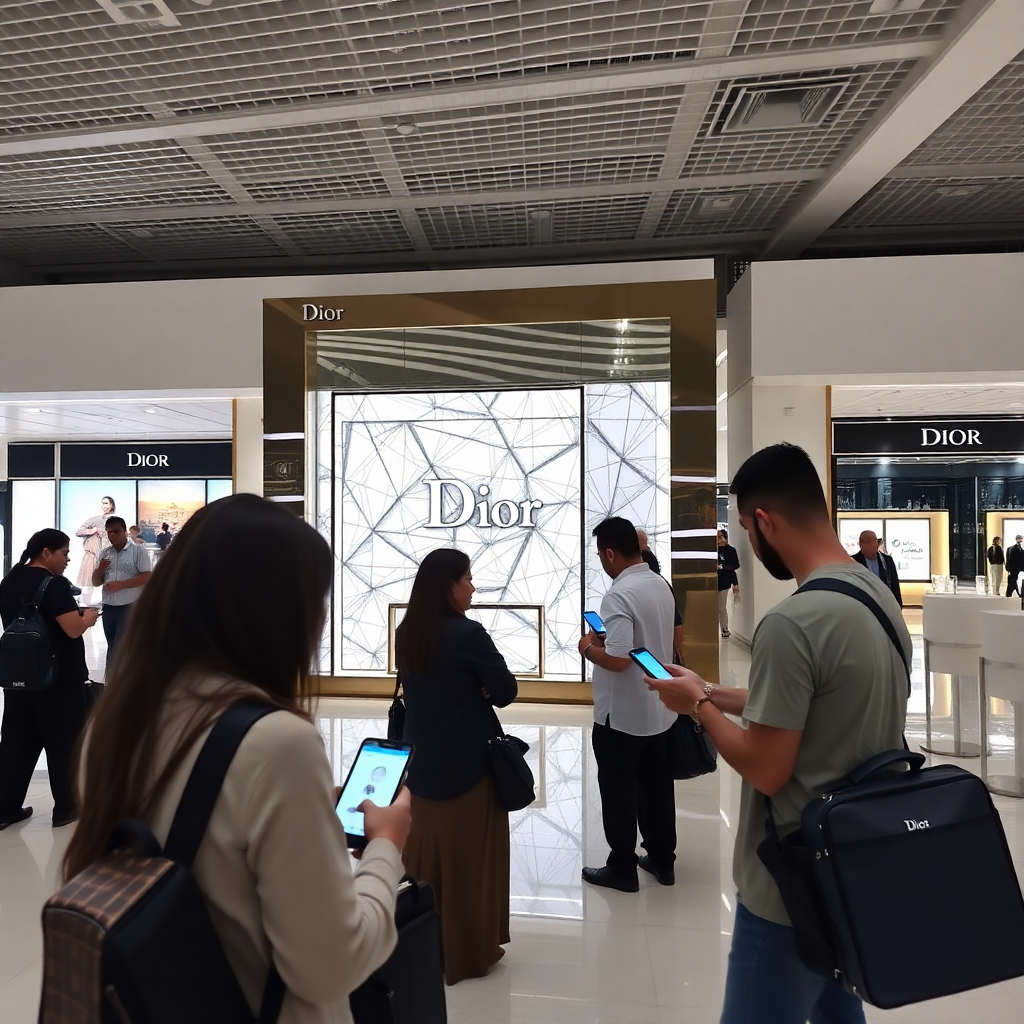 Dubai International Airport duty-free area with elegant Dior display, sophisticated passengers interacting with premium brand experience on mobile devices, luxury shopping environment, modern airport interior design