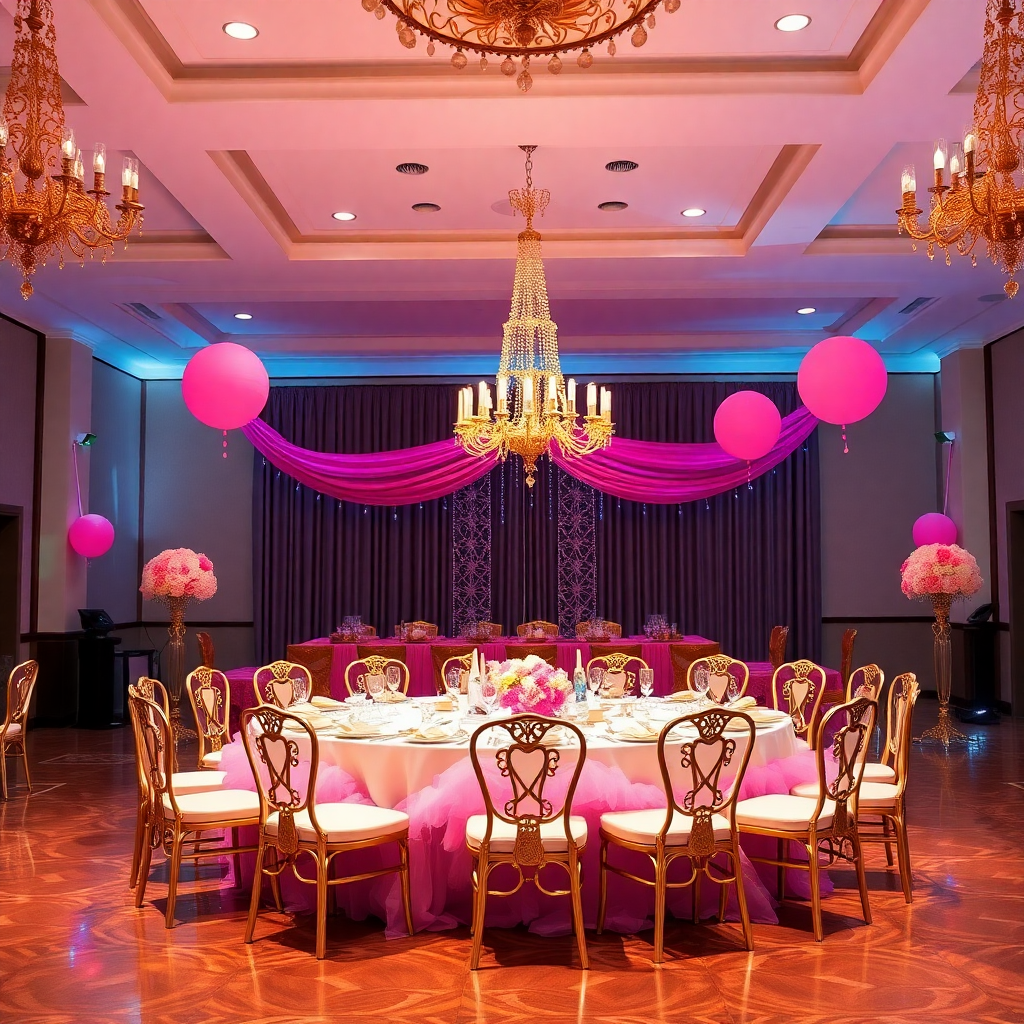 quincea&ntilde;era party with pink and gold decorations, elegant ballroom setup, princess theme celebration
