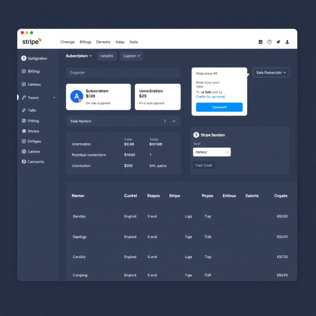 subscription management dashboard with Stripe integration, SaaS billing interface, clean modern UI
