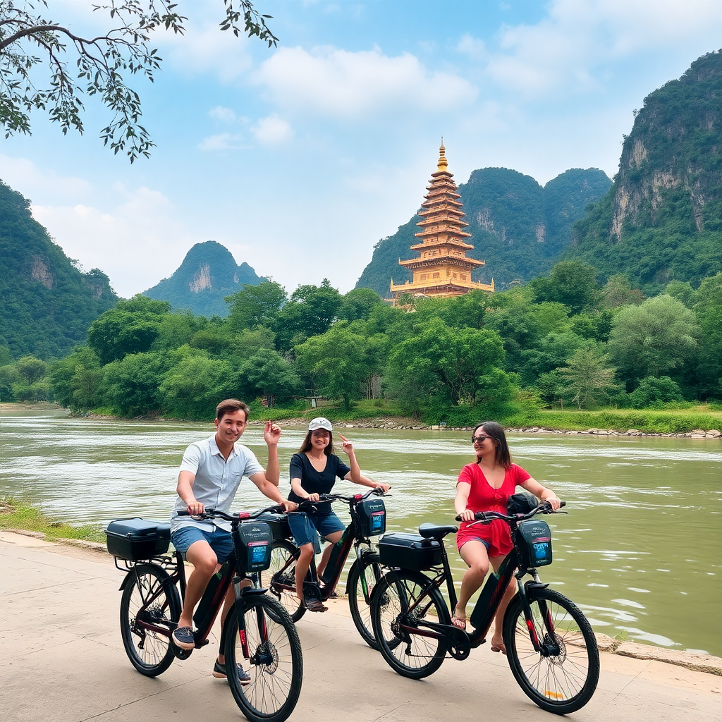 tourists on e-bikes visiting Hang Mua, Bich Dong Pagoda in Tam Coc, drinking tea by river