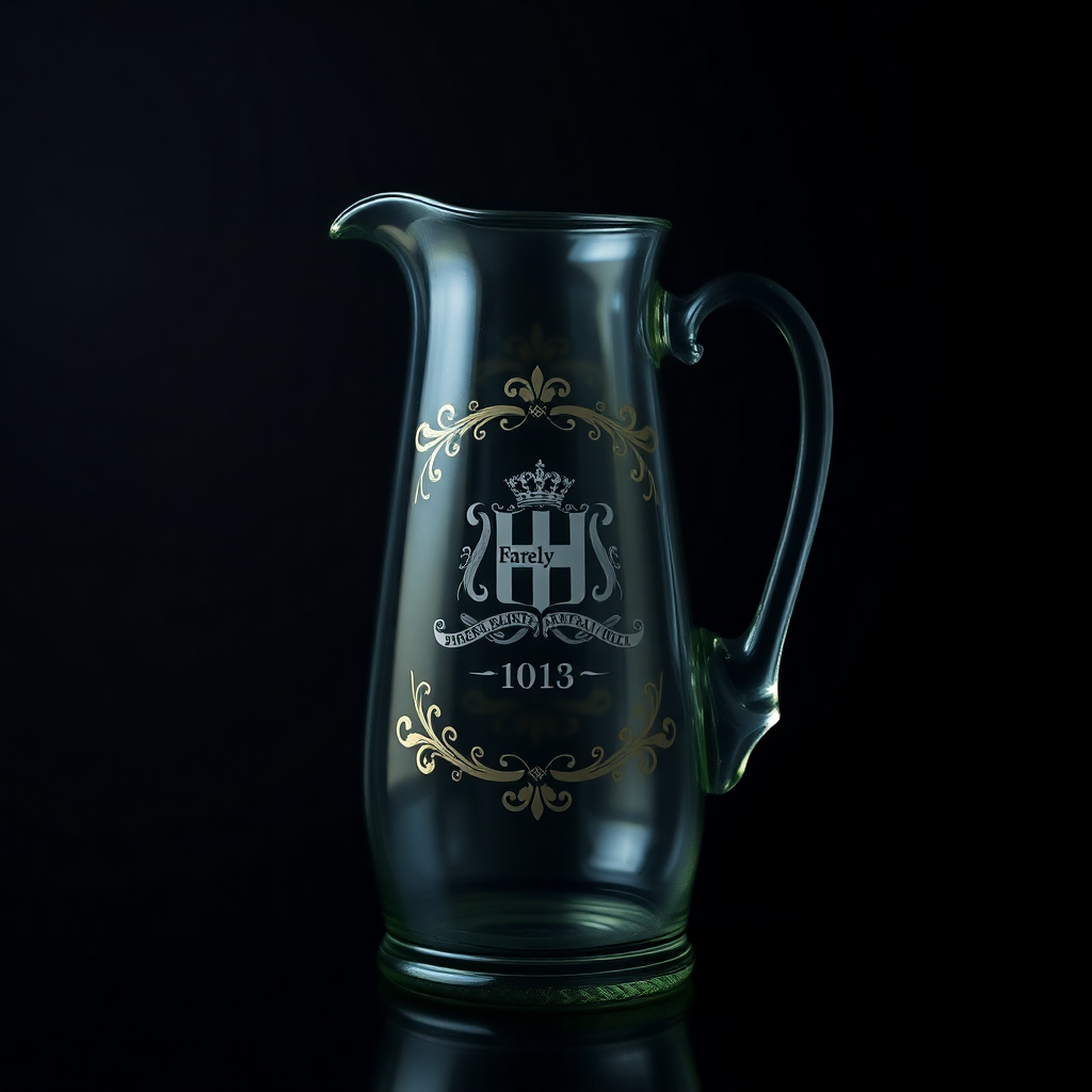 Antique-style glass jug with family crest and gold vitrail border