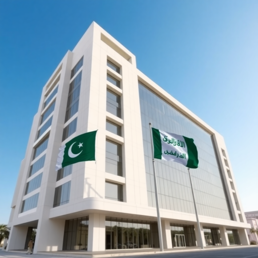 modern office building in Saudi Arabia with Pakistani and Saudi flags, futuristic architecture, blue sky, professional photography
