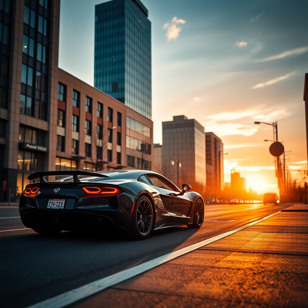 luxury sports car on modern city street at sunset, professional automotive photography, cinematic lighting