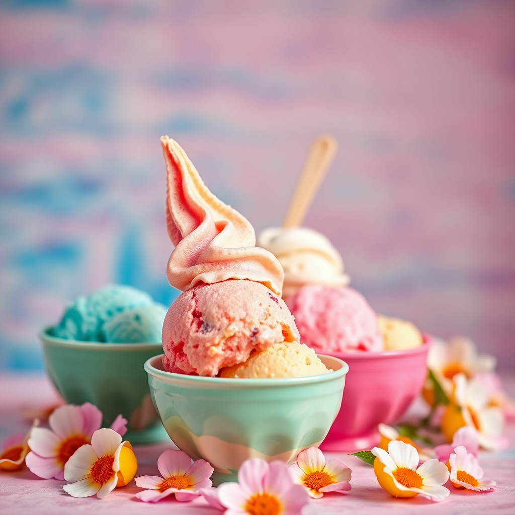 vibrant summer background with colorful ice cream scoops in bowls, high resolution food photography, pastel colors