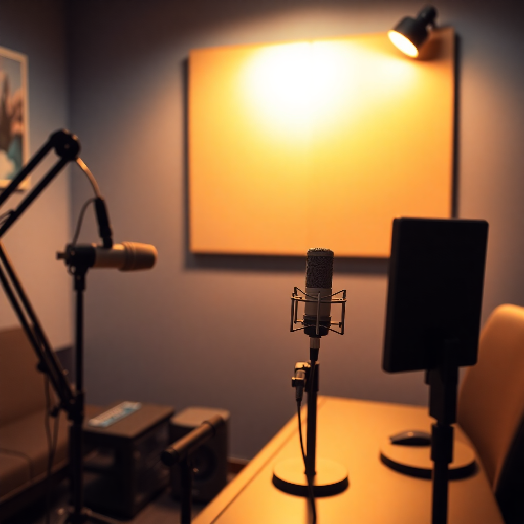professional podcast studio setup with microphones and warm lighting, modern aesthetic