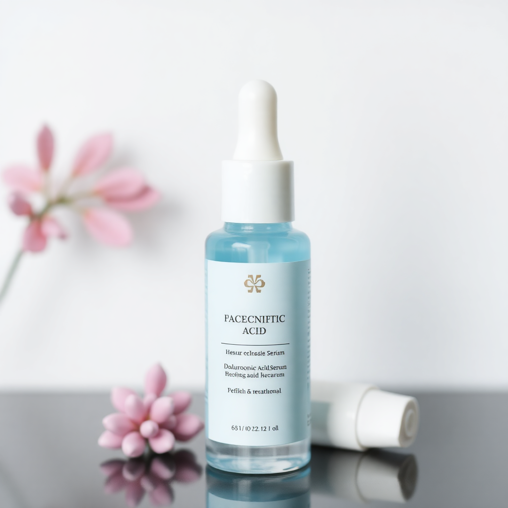 hyaluronic acid serum bottle, premium skincare packaging, clean aesthetic, professional product shot