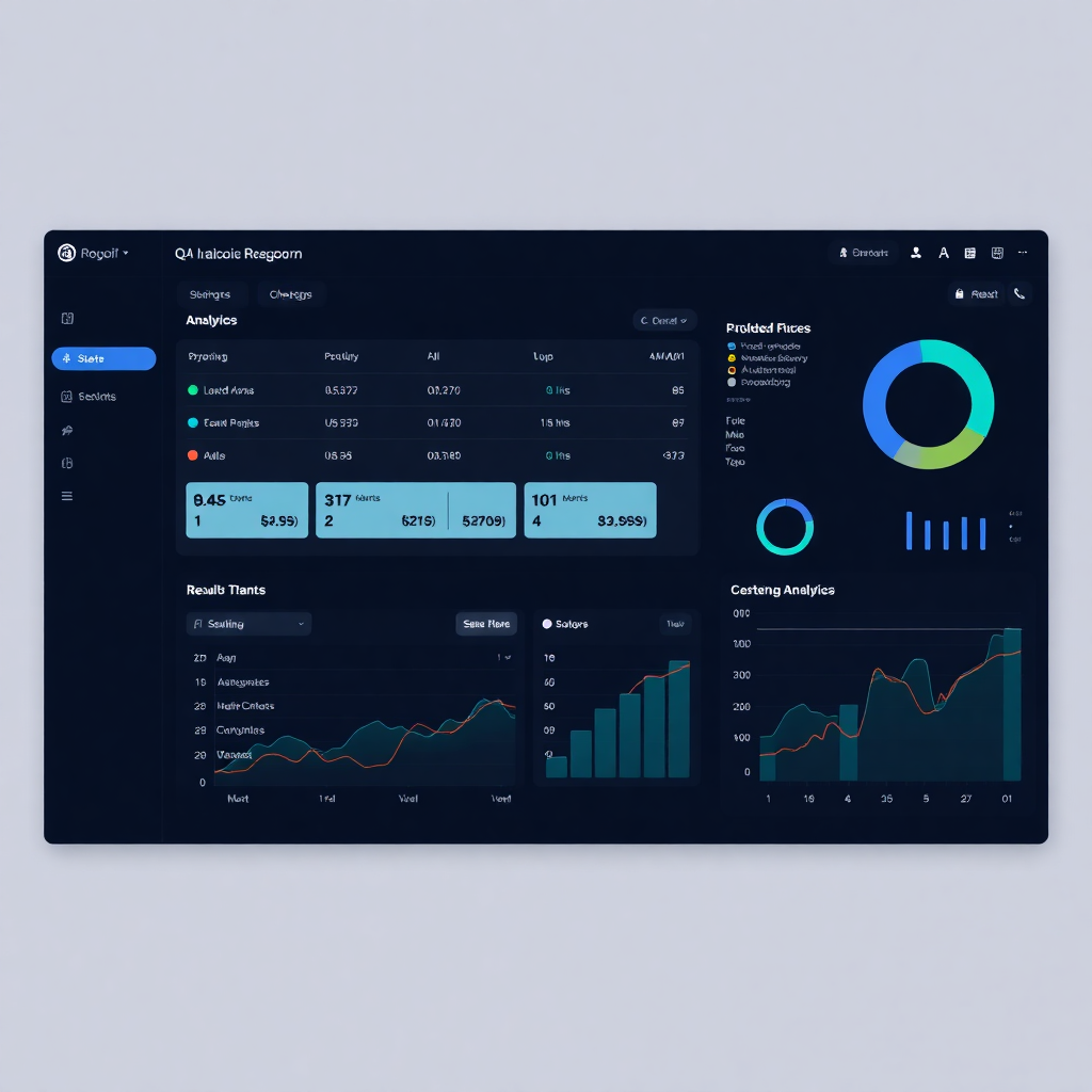 modern dark dashboard interface with bug tracking, QA automation platform, charts and analytics