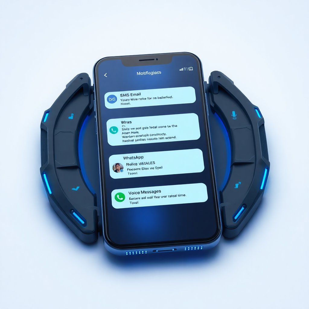 3D device mockup showing smartphone with SMS, Email, WhatsApp and Voice message notifications syncing in real-time, futuristic UI, dark mode, blue accents, high tech