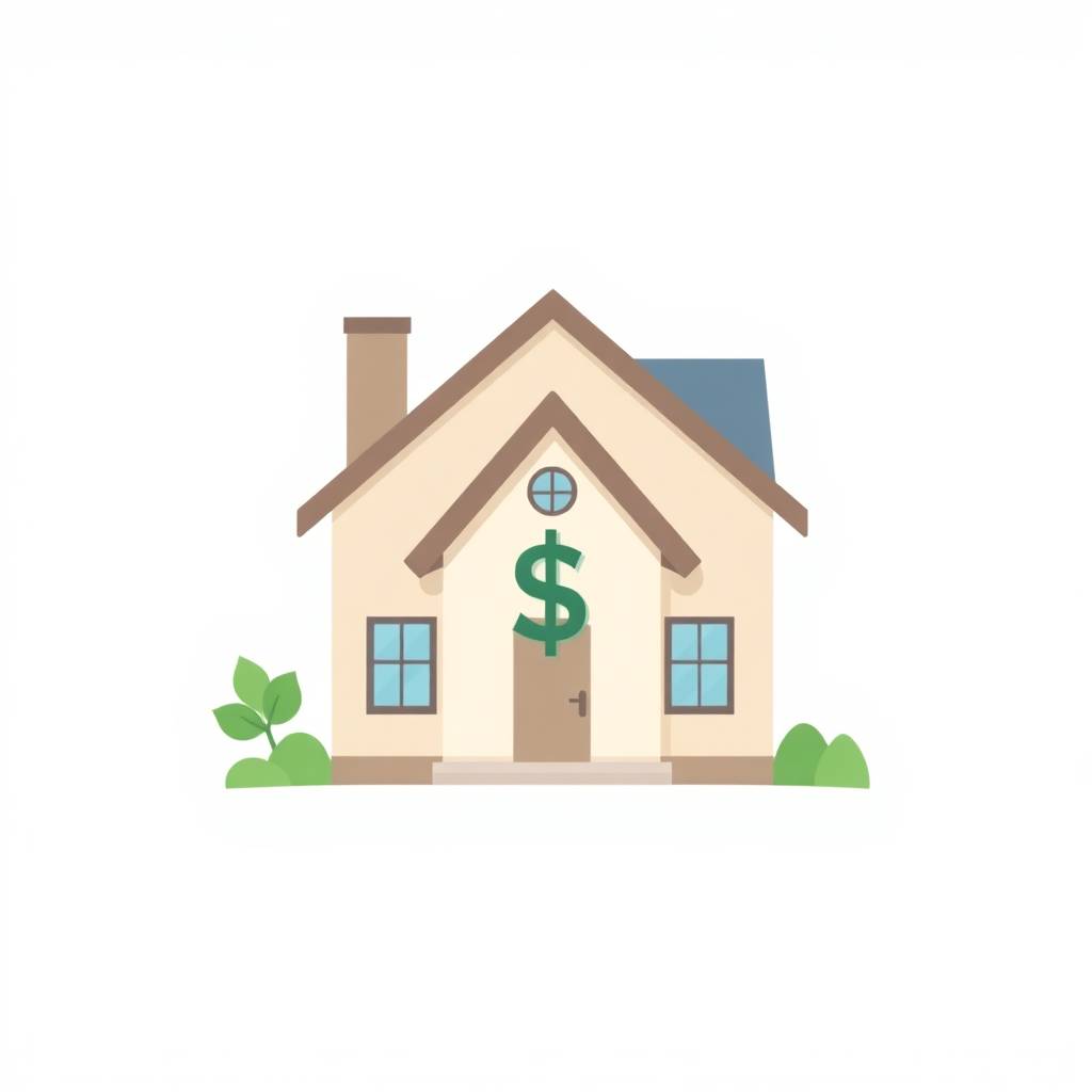 Illustration of a house with a dollar sign, modern flat design with soft green and blue colors, on a white background