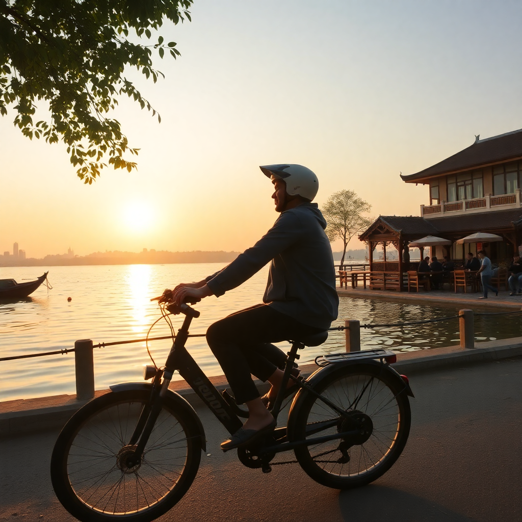 hanoi west lake experience with electric bike riders, cultural sites, local cafes, authentic travel moments, golden hour