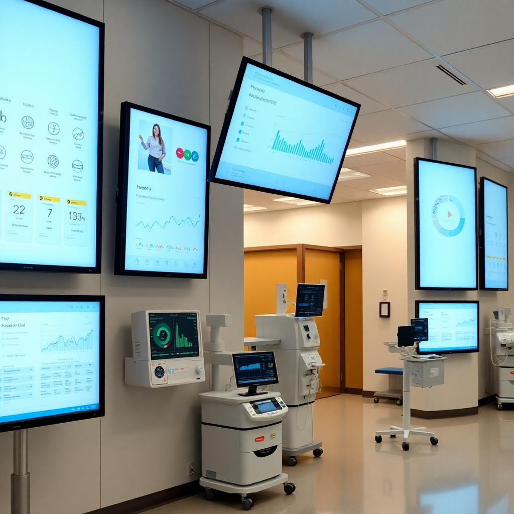 modern healthcare facility with digital displays showing patient flow, analytics dashboards, and connected medical devices in a clean, organized environment