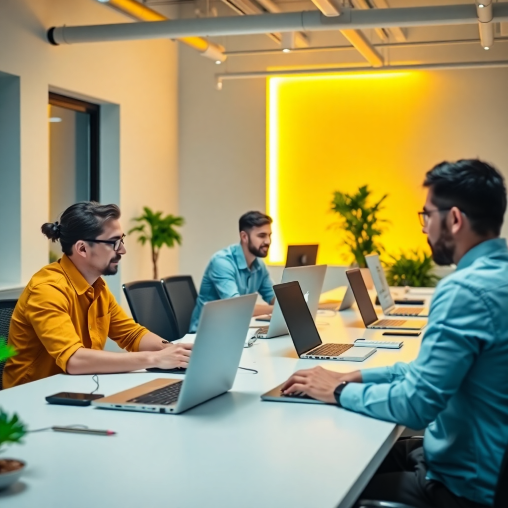 modern minimalist software development team working on laptops in a bright office with yellow accent lighting, professional photography, clean aesthetic