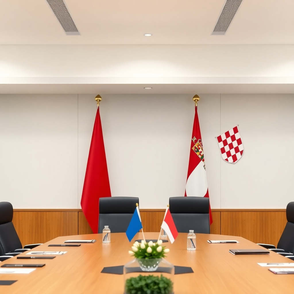 Professional meeting room with Hungarian and Croatian flags, cross-border cooperation, institutional setting