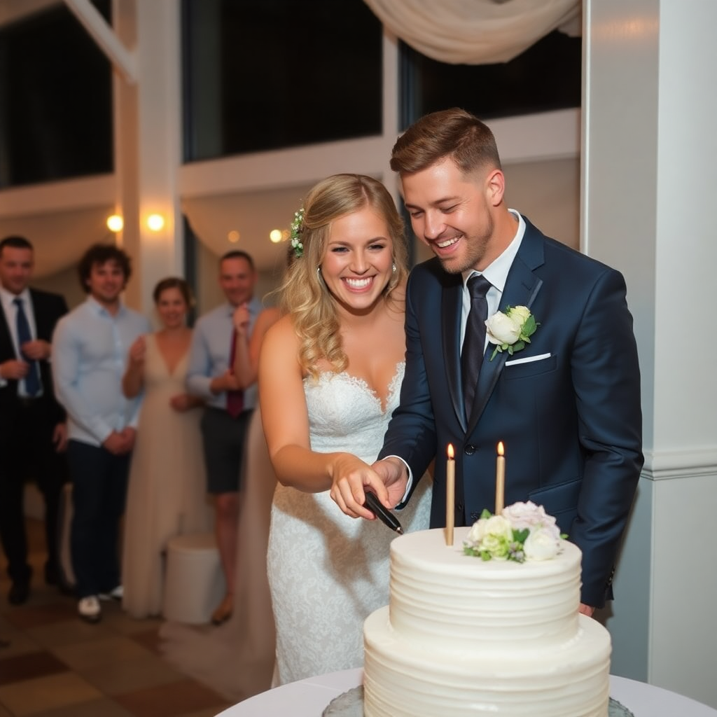 wedding cake cutting couple smiling celebration