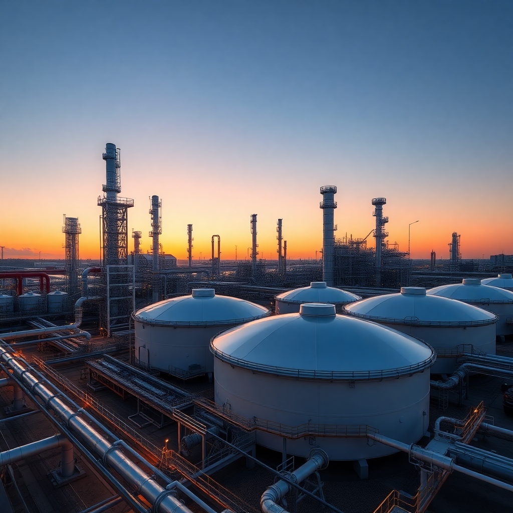modern oil refinery facility with storage tanks and industrial pipelines at sunset