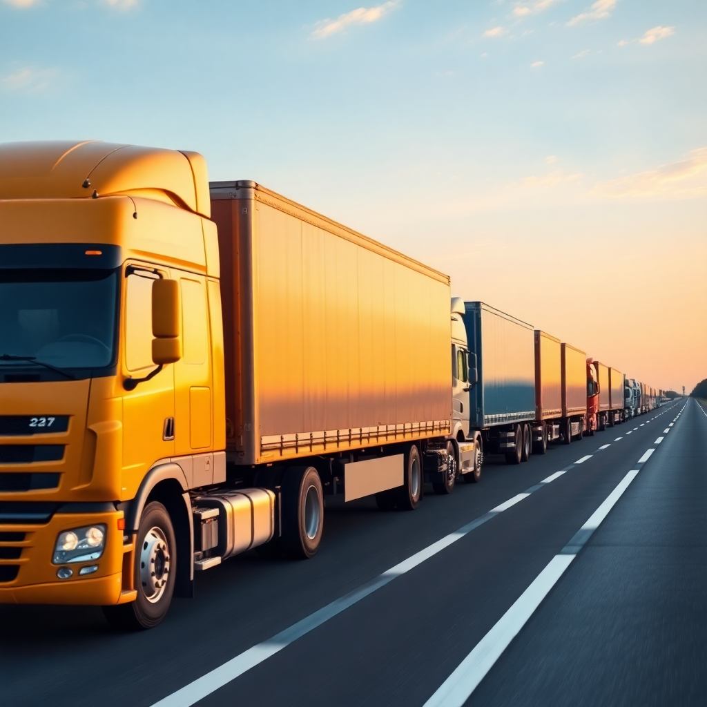 modern logistics trucks on highway, transportation industry, fleet management