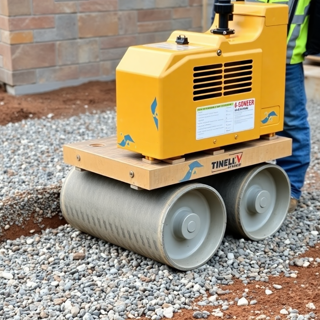compacted gravel base layer for garage foundation with vibrating plate compactor machine, professional construction, crushed stone aggregate, realistic photography