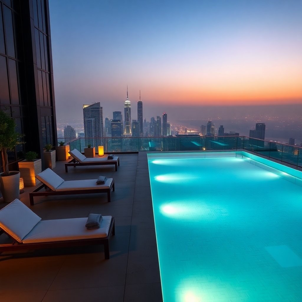 luxury hotel rooftop pool at night, city skyline, ambient lighting, lounge chairs