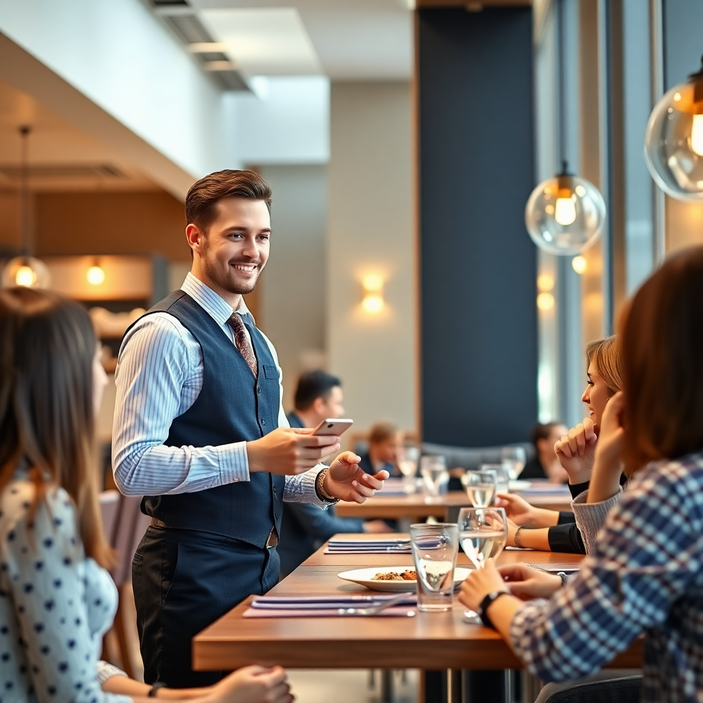 Garçom usando Comanda Digital no restaurante