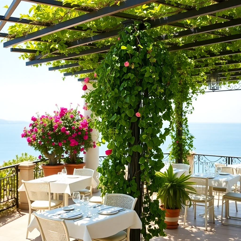 wrought iron pergola with climbing plants, seaside restaurant terrace, Portuguese coastal style