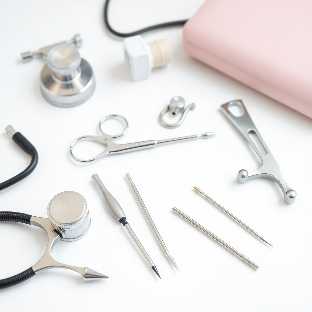 osteopathy equipment and tools on clean white surface, professional medical instruments, modern healthcare