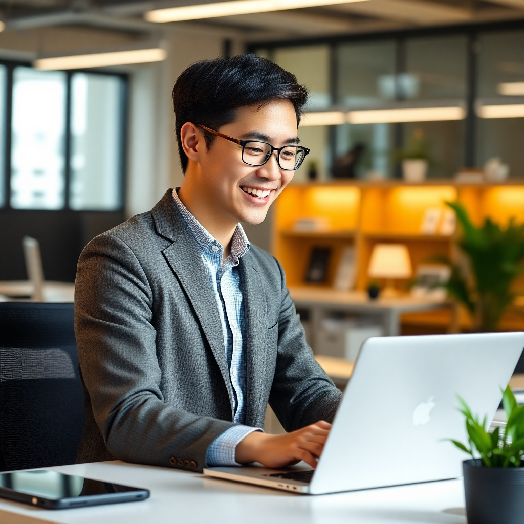 smiling japanese office worker using laptop at desk in bright office