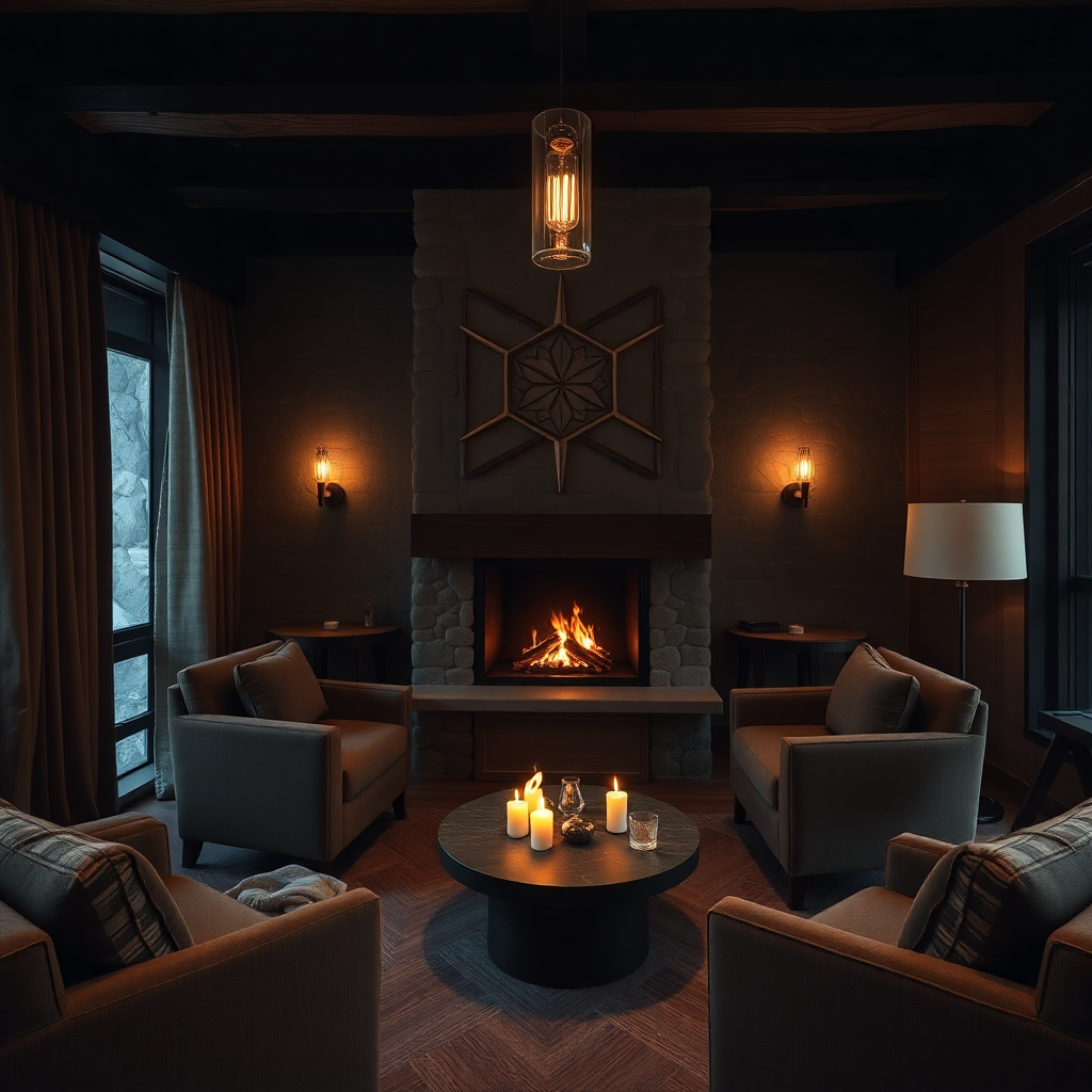 Serras Andorra boutique hotel interior luxury alpine warm intimate lounge fireplace Soldeu Andorra editorial photography dark cinematic champagne gold tones private intimate mountain hotel atmosphere stone wood