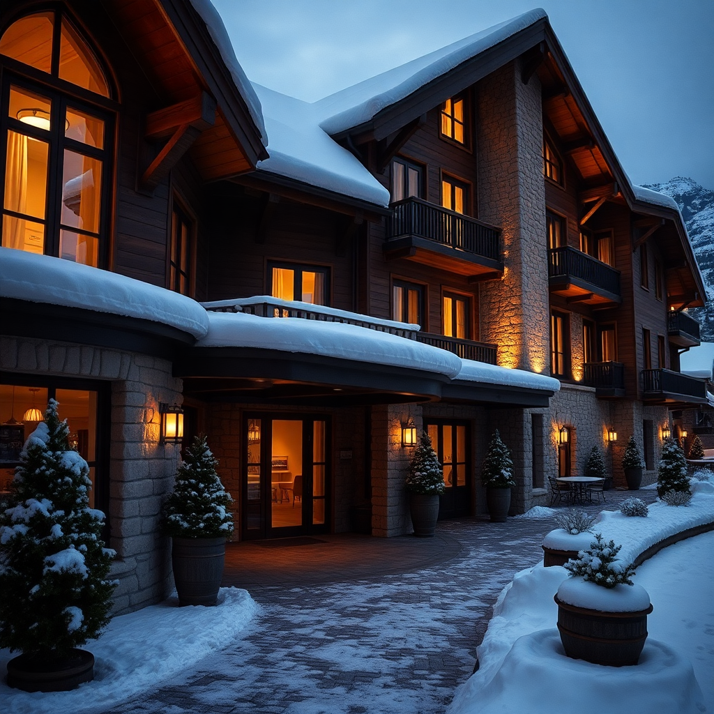 Serras Andorra boutique hotel exterior luxury alpine snow mountain winter Soldeu Andorra editorial photography dark cinematic champagne gold tones warm private mountain hotel atmosphere stone wood architecture