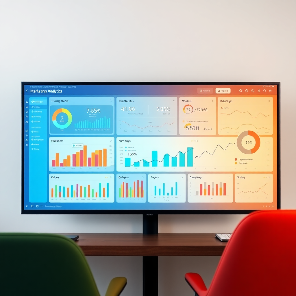 marketing performance dashboard display, data visualization showing campaign metrics, analyst reviewing results, modern analytics workspace in Pune office